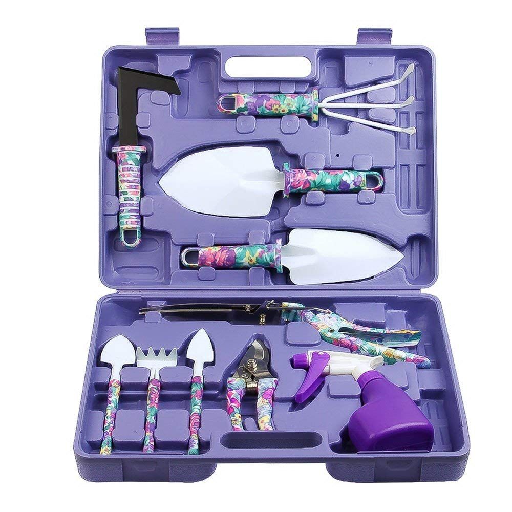 10 Pieces Gardening Hand Tools with Purple Floral Print