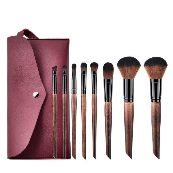 8 Piece Professional Solid Wood Handle Makeup Brush Kit with Leather Pouch