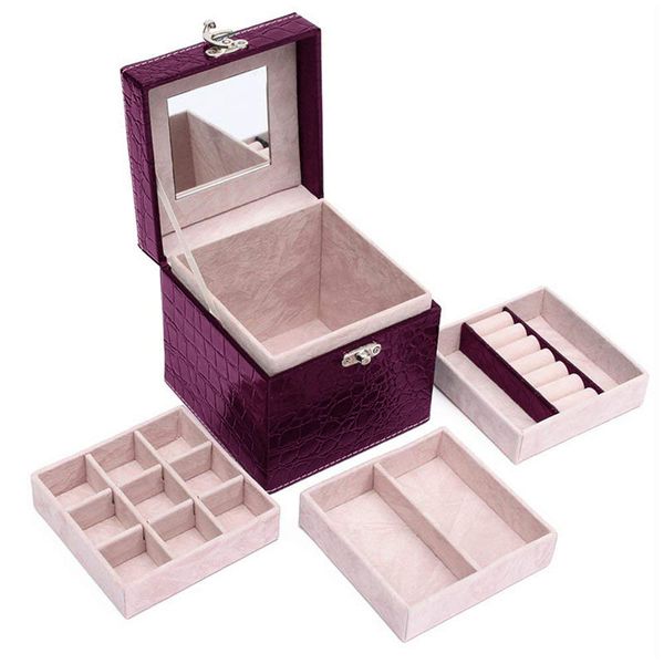 Handheld 3 Layers PU Leather Mirror Jewelry Box-Violet