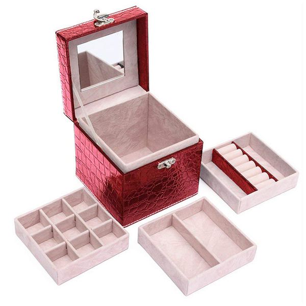 Handheld 3 Layers PU Leather Mirror Jewelry Box - Bright Red