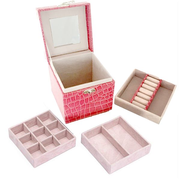 Handheld 3 Layers PU Leather Mirror Jewelry Box-Rose Red