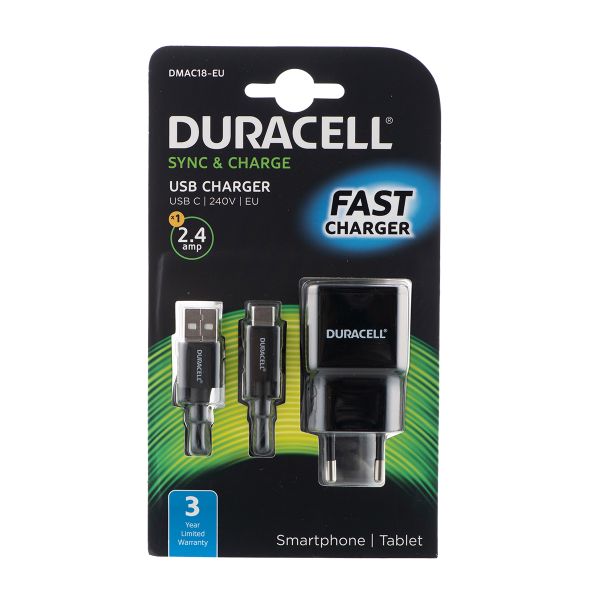 Duracell Fast Charging Wall Charger with 1m Type C USB2.0 Cable - Black