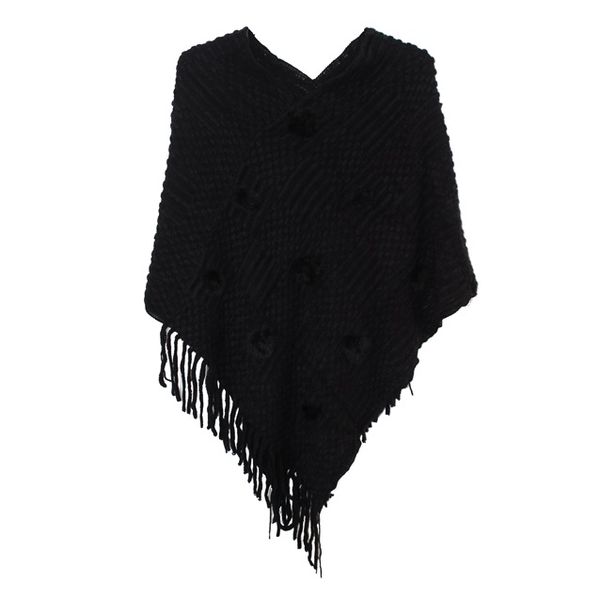 Blackcherry Woolen Poncho With Faux Ball Details