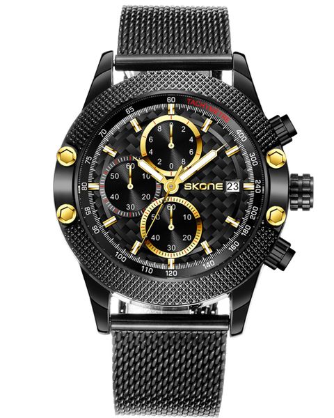 Skone Wotton Chronograph Men's Watch Black Milanese Mesh Strap - Gold