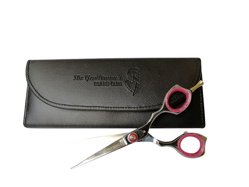Professional silver barber hairdressing scissors in case, pink finger hole
