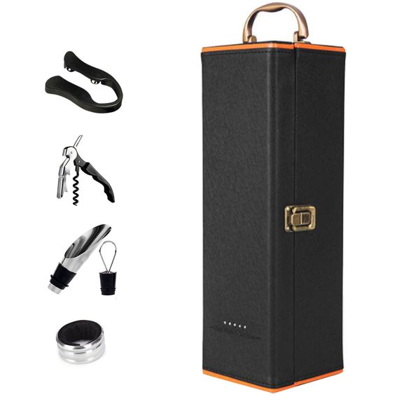 Single Leather Wine Carrier Case Wine Box with 4 Piece Wine Accessory