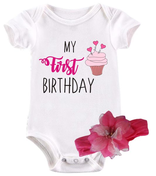 BTSN -My First Birthday Cupcake baby grow &amp; headband L