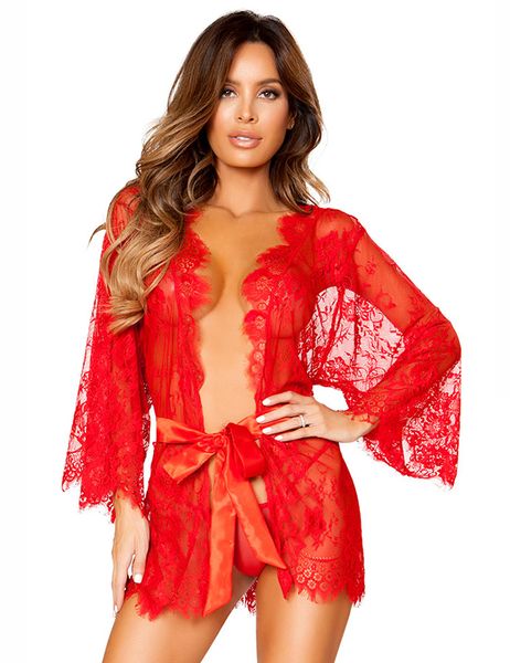 Edendiva's Red Belted Delicate Lace Kimono Lingerie Set