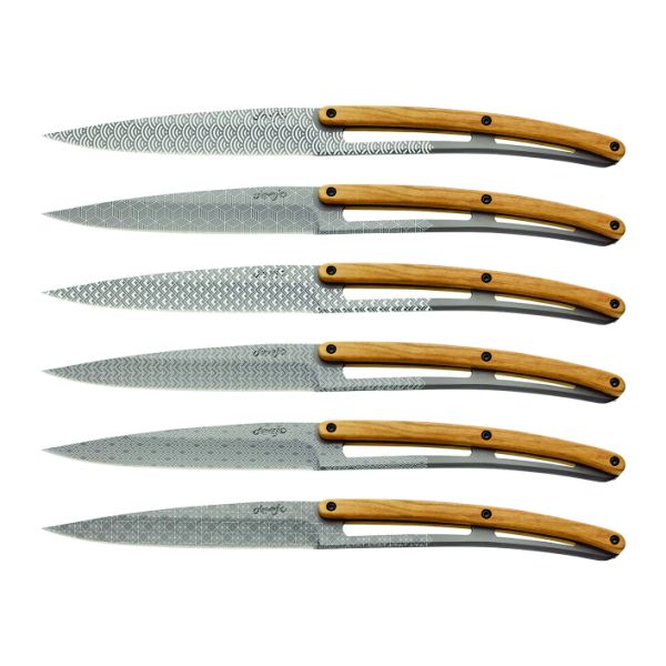 Deejo Steak Knives "Geometry" Titanium Finish/Olive Wood