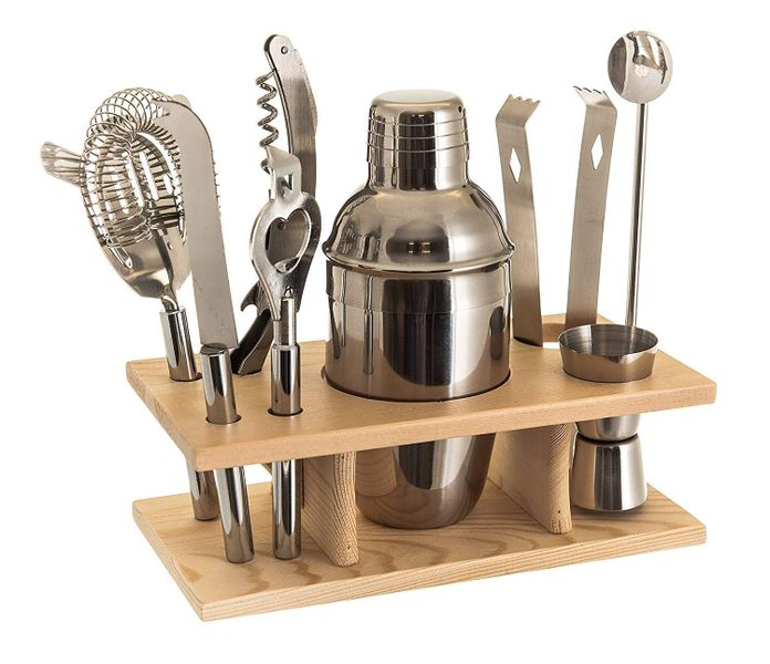 Gift Tribe Wooden Display 8 Piece Stainless Steel 350ml Cocktail Set