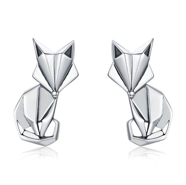 Genuine 925 Sterling Silver Fashion Folding Fox Animal Stud Earrings Women