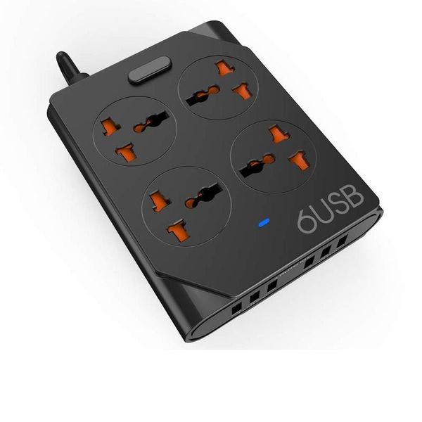 USB 6 Ports 4 Way Outlets Extension Lead Universal Surge Protector Black