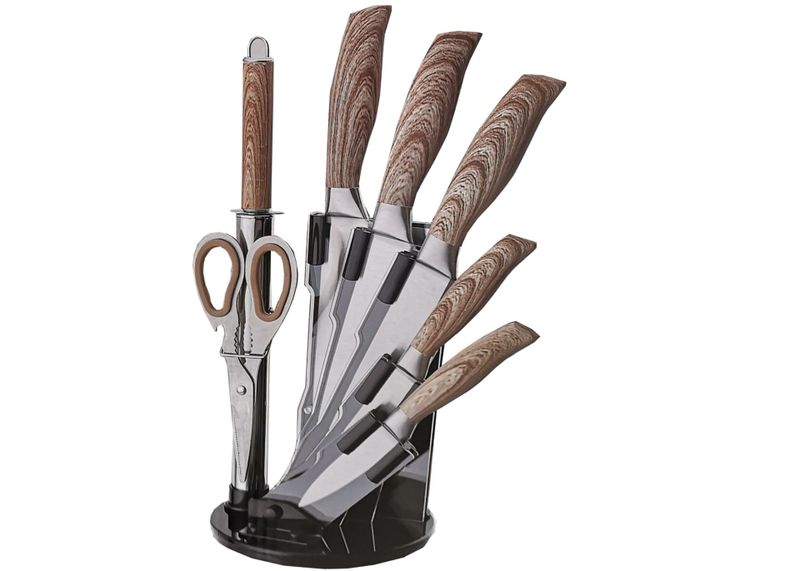 7Pc Delica Knife Set in Acrylic Block - Brown &amp; White Striped