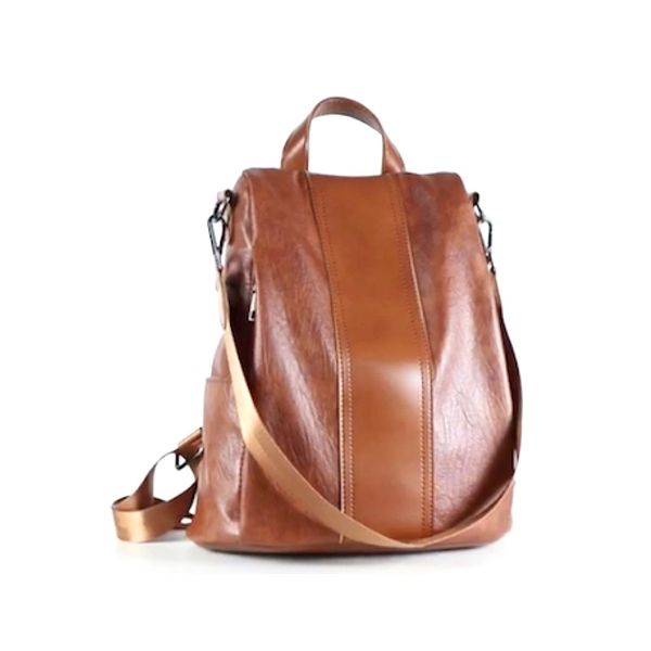 FCG Anti-Theft Faux Leather Backpack with Shoulder Strap Option - Tan