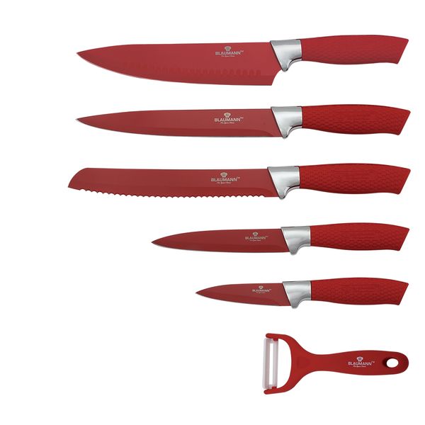 Blaumann 7-Piece Non-Stick Coating Knife Set with Stand - Red