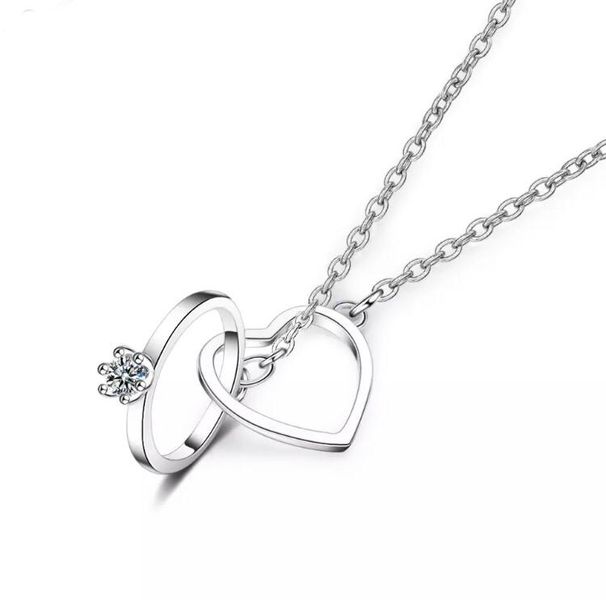 925 Sterling Silver Double Circle &amp; Heart Zircon Necklace For Women &amp; Girls