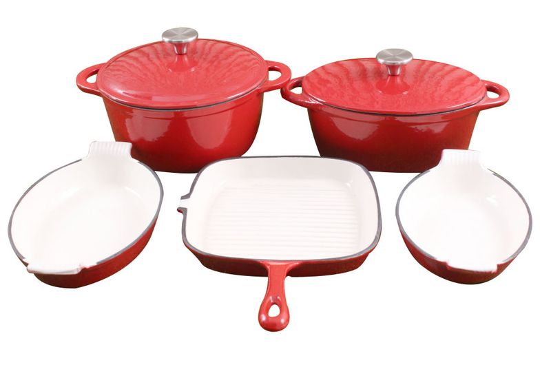 La Fermete 7 Piece Cast Iron Enamel Cookware Pot Set - Red