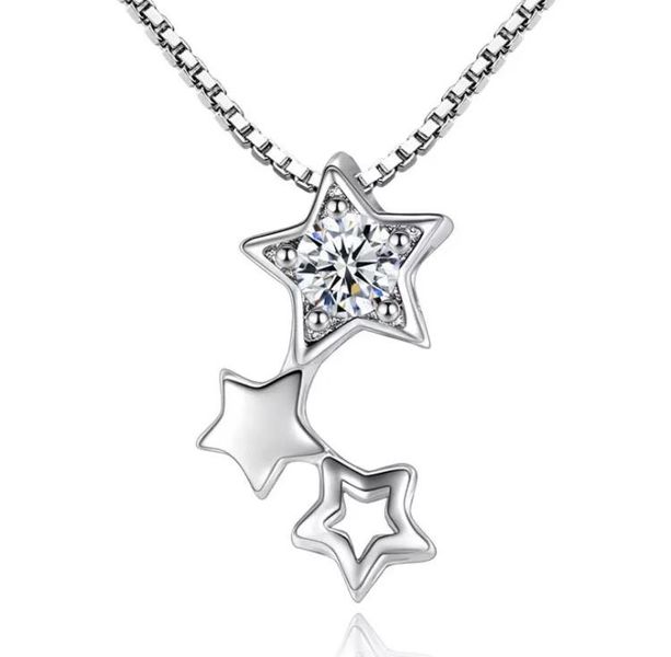 925 Sterling Silver Triple Star CZ Zirconia Pendant Necklace Choker Chain