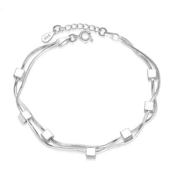 925 Sterling Silver Square Box Double Chain Adjustable Bracelet/Anklet Cute