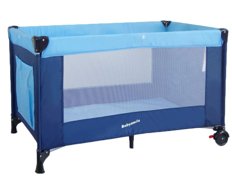 Babysmile Folding Baby Crib Cot Playpen With Wheels - Blue