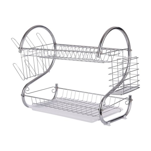 Two Tier Kitchen Dish Rack Holder (Chrome plated) Silver &amp; White