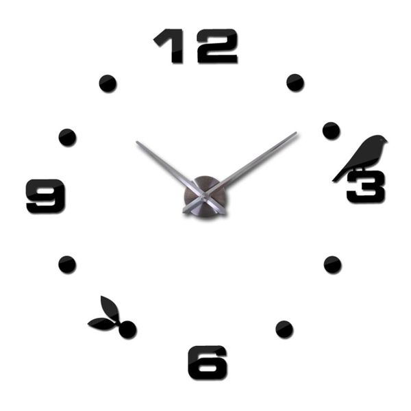 DIY Modern 3D Wall Clock - Black with Bird Detail