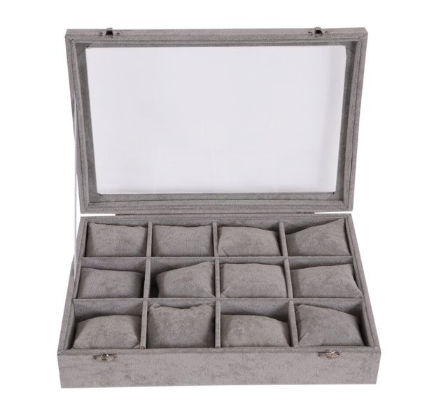 Hazlo 12 Grid Watch Jewellery Display Case Box - Grey Ice Velvet