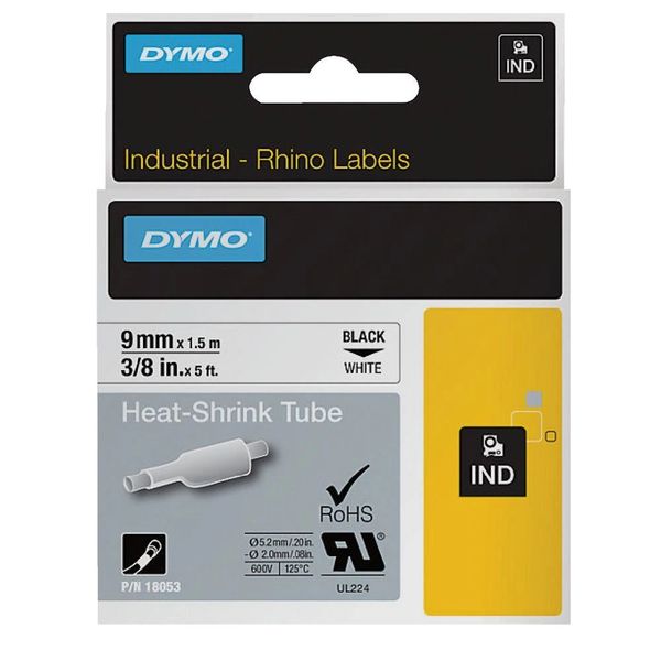 Dymo Rhino Industrial 9mm x 1.5m Black on White Heat Shrink Tube Tape