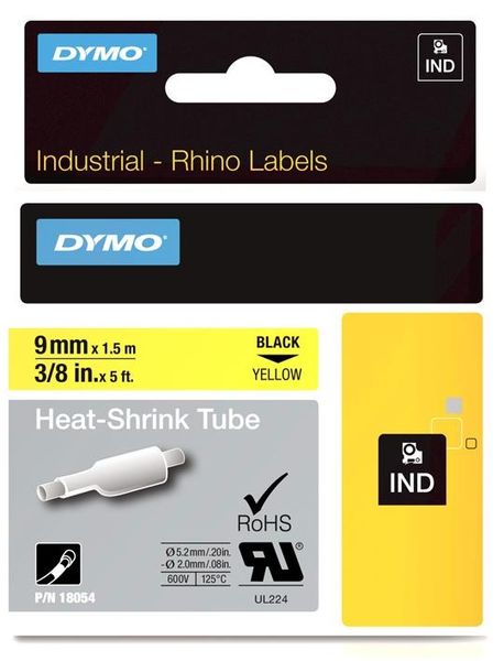 Dymo Rhino Industrial 9mm x 1.5m Black on Yellow Heat Shrink Tube Tape