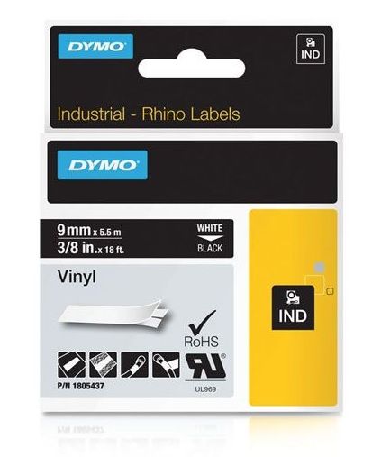 Dymo Rhino Industrial 9mm x 5.5m Black on White Vinyl Tape