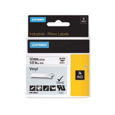 Dymo Rhino Industrial 12mm x 5.5m Black on White Vinyl Tape