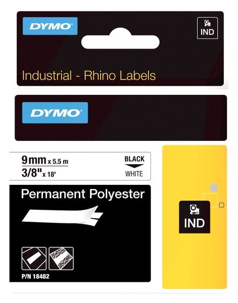 Dymo Rhino Industrial 9mm x 5.5m Black on White Permanent Polyester Tape