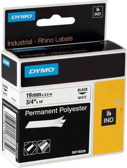 Dymo Rhino Industrial 19mm x 5.5m Black on White Permanent Polyester Tape