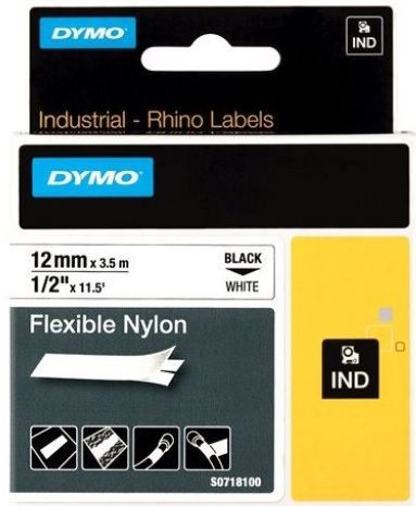 Dymo Rhino Industrial 12mm x 3.5m Black on White Flexible Nylon Tape