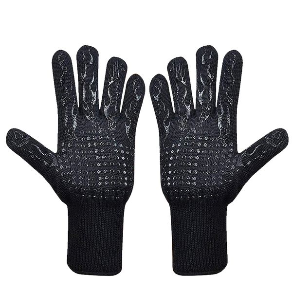 One Pair Heat Resistant BBQ Grill Cooking Gloves - Black Flames