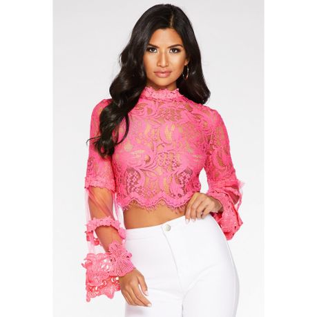 Quiz Ladies Hot Pink Lace Mesh Long 