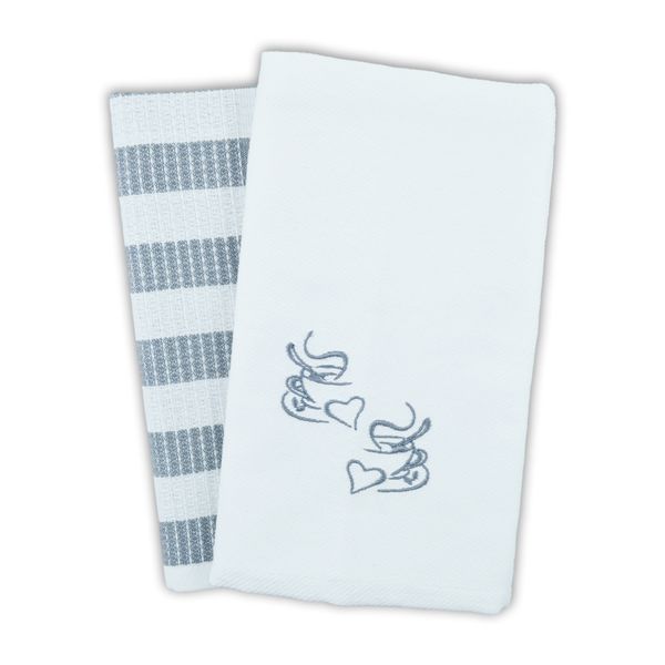 Zorbatex - Waffle Tea Towels Embroidered Tea Cups And Jacquard Set