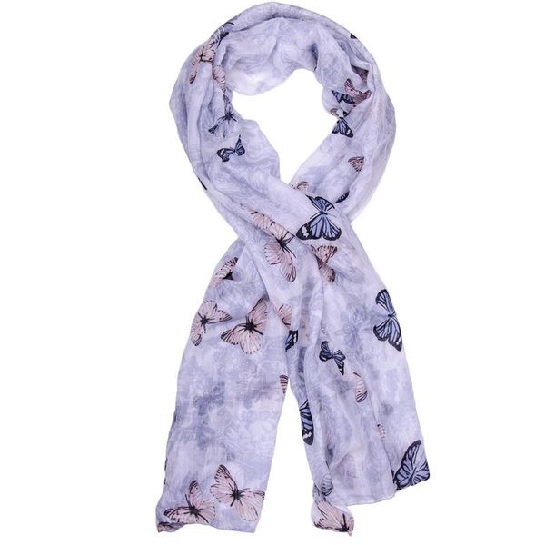 Ladies Pale Grey Scarf with Printed Blue and Pink Butterfly Pattern