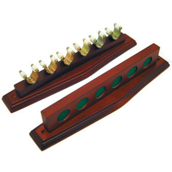 Mohagony Pool Cue Rack with metal clips (2 Piece) - Holds 6 Cues