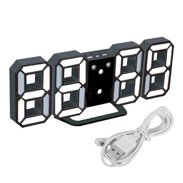 3D Modern Digital LED Table Desk Wall Alarm Clock - White and Blue