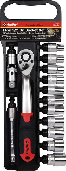 Ampro - 14 Piece 6PT Socket Set (10 – 24MM) - 1/2 Inch Drive