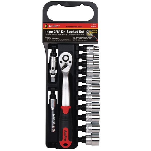 Ampro - 14 Piece Socket Set-Metric (8-19MM) - 3/8 Inch Drive