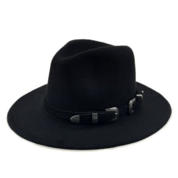 Wide Brim Fedora Panama Hat With Belt Buckle - Black