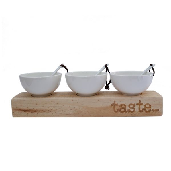 Launch Republic Wood Platter with 3 Sauce/Snack Ceramic White Bowls Taste