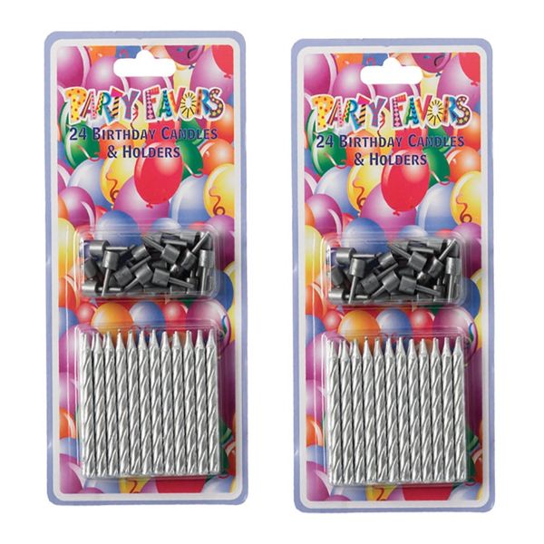 Bulk Pack 3 x Candles Birthday 24 Piece Per Pack Silver + Holders