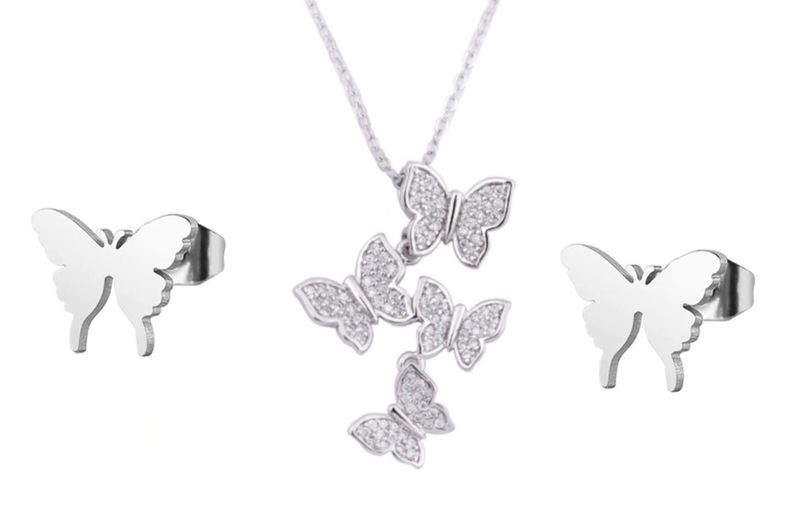 Cute Butterfly Earrings and Necklace Set - Silver