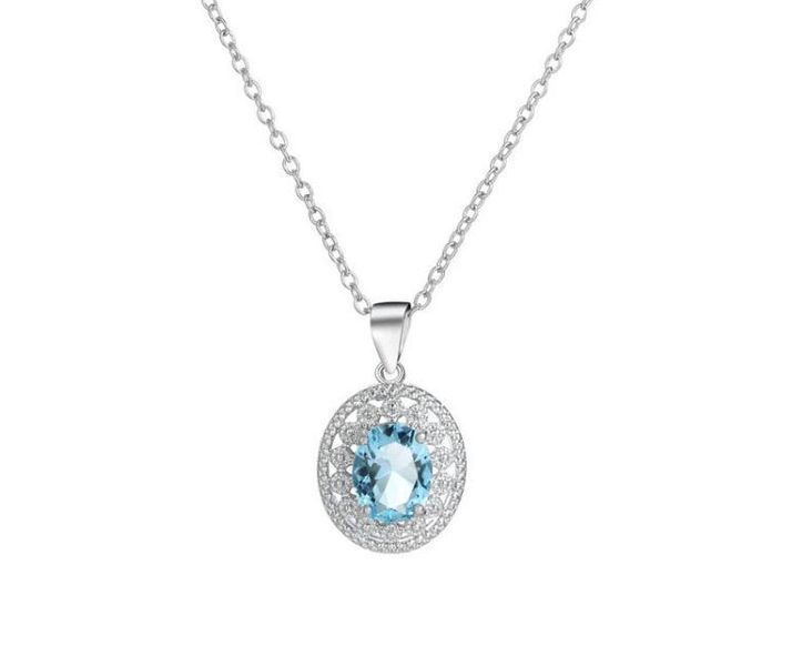 925 Sterling Silver Cubic Zirconia Round Women Pendant Necklace - Blue
