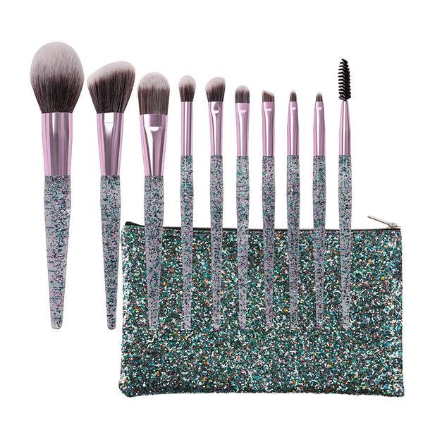 10 Pieces Professional Makeup Brush Set with Shiny Acrylic Glitter Handle