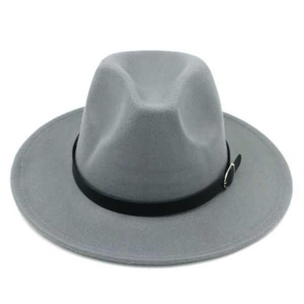 Wide Brim Fedora Panama Hat With Belt Buckle-Grey