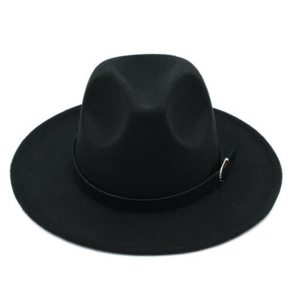 Wide Brim Panama Fedora Hat With Belt Buckle-Black